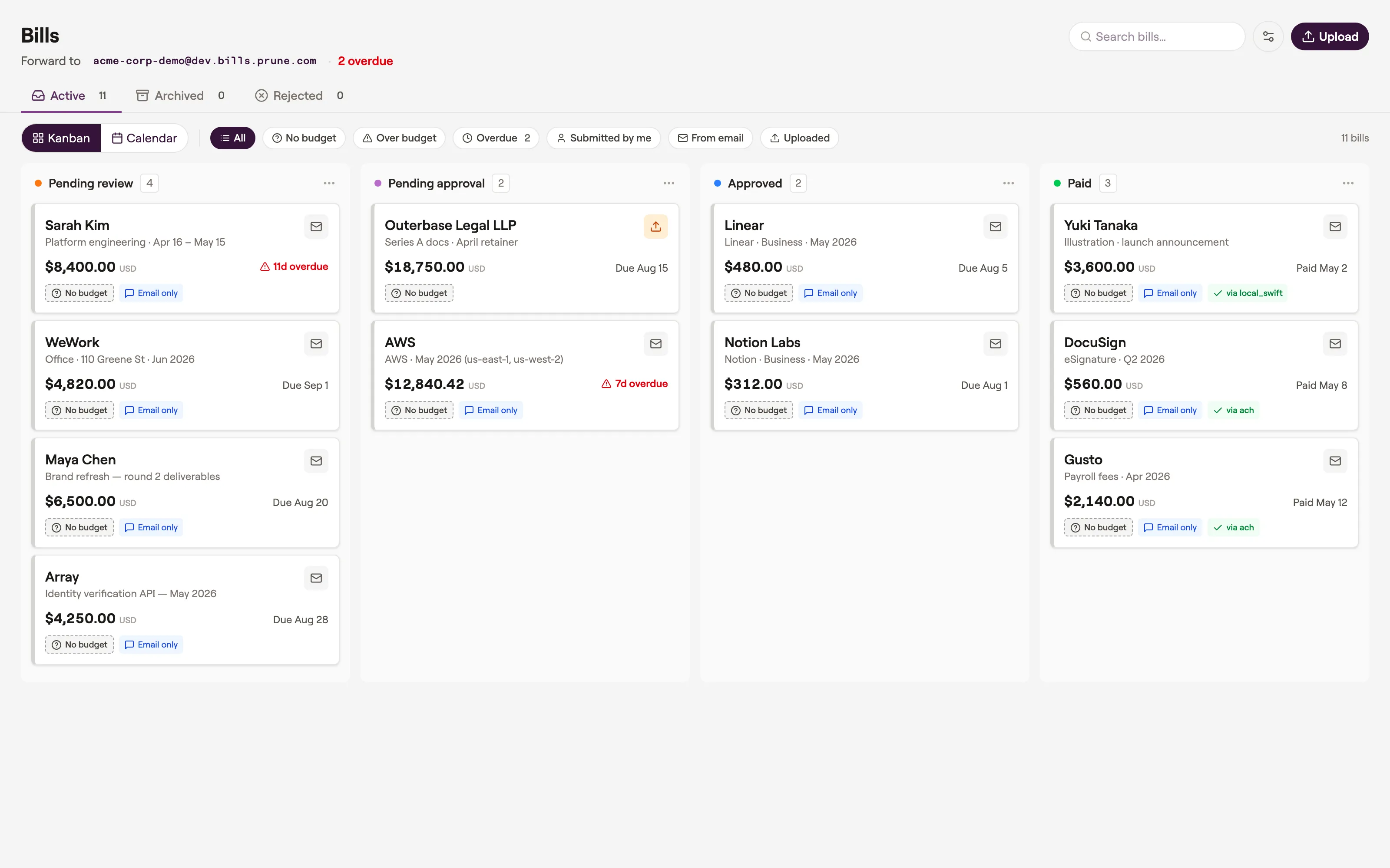 Prune bills kanban with pending review, approval, approved, and paid columns