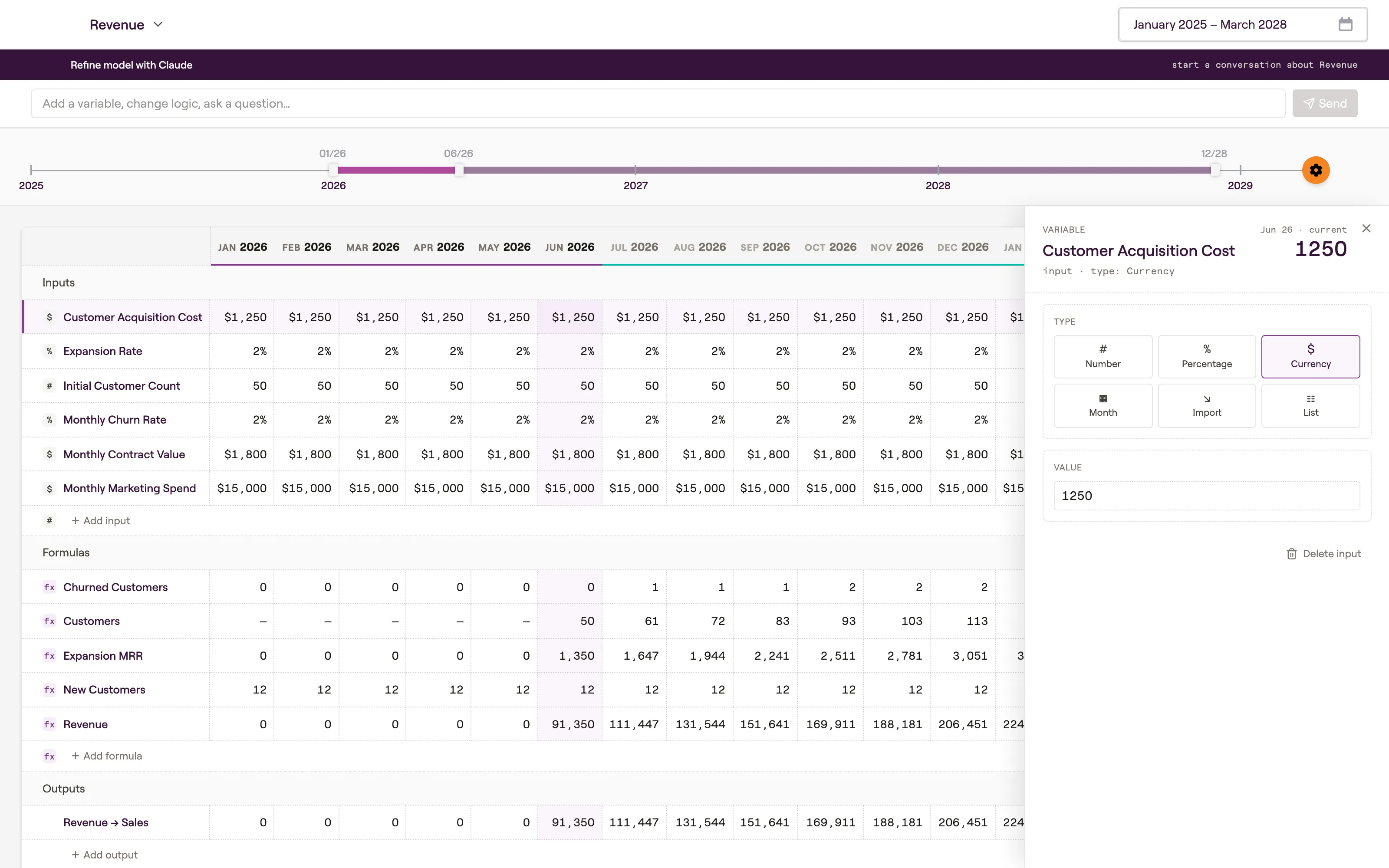 Prune revenue model editor with inputs, formulas, outputs, and an AI prompt bar