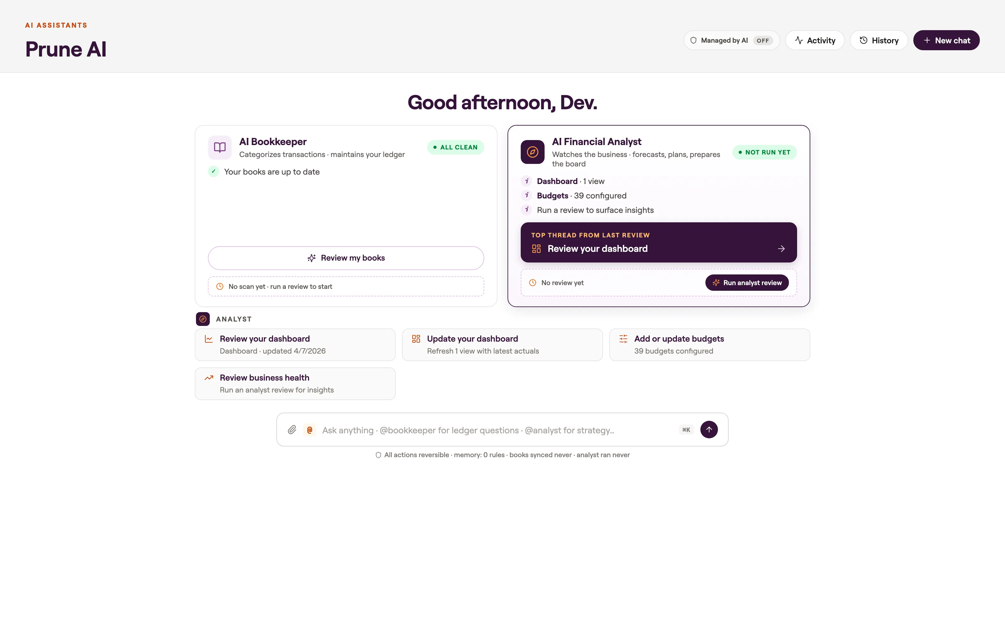 Prune AI page with AI Bookkeeper and AI Financial Analyst assistants