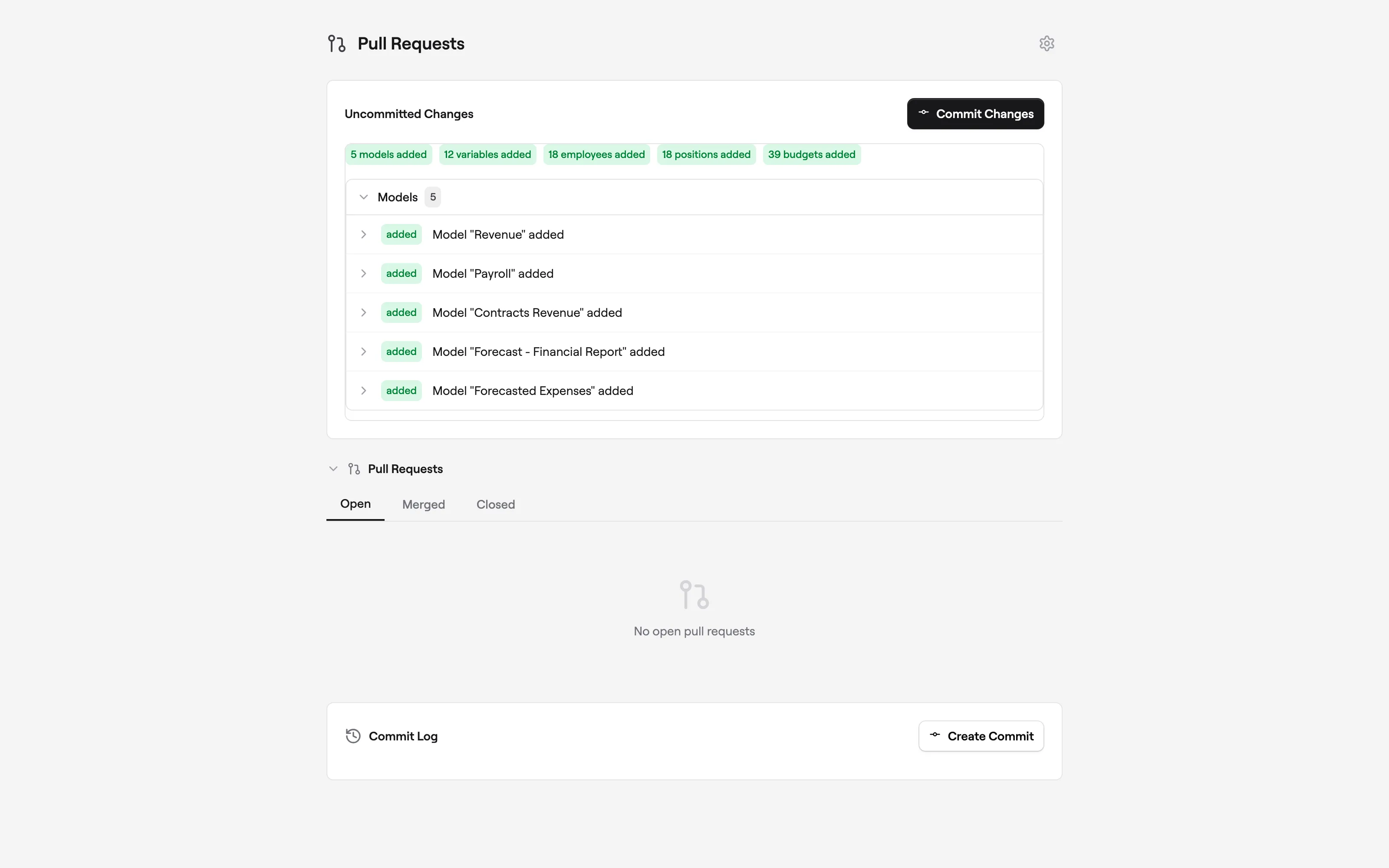 Prune pull requests page tracking uncommitted model, hire, and budget changes